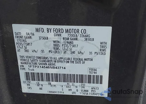 2006 Ford F-150 Fx4/Lariat/Xl/Xlt z USA, uszkodzony, nr VIN 1FTPX14546NB43714